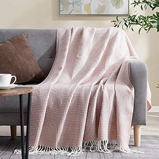 BOURINA 100% Acrylic Waffle Throw for Home Decoration Soft Lightweight Blanket Breathable and Moisture Absorption for All Season for Couch/Bed,127 x 152cm Pink