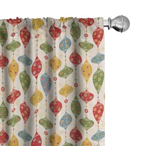 Ambesonne Christmas Window Curtains Pack of 2, Hanging Balls in Different Shapes and Colors Designed with Abstract Snowflakes, Lightweight Set with Rod Pocket, 4 Panels of - 28" x 63", Red Green