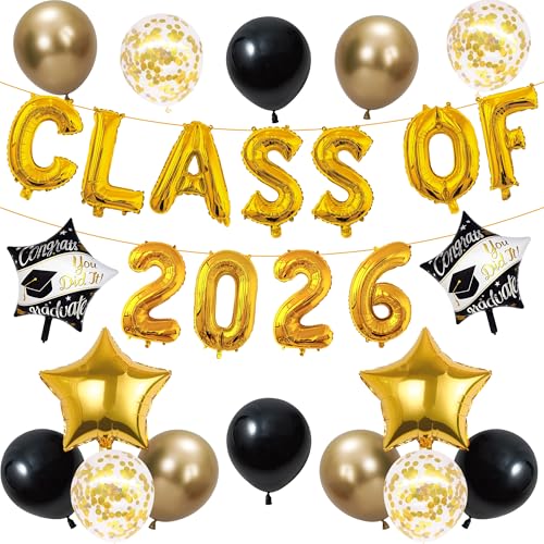 Ballons remise de diplôme 2026 noir et or en latex pour fête de fin d'études | Kit de 18 pièces