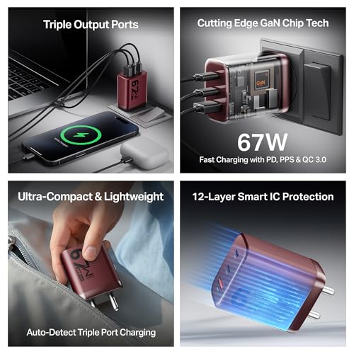 Image of boAt 67W GaN laptop Charger, Ultra-Fast Triple Port Fast Charge, Compact & Lightweight,Supports iPhone, ipad, Android, Laptops, Macbooks,HP, Dell, Lenovo, Asus, Tablet (For 65W charging) (Monarch Red)