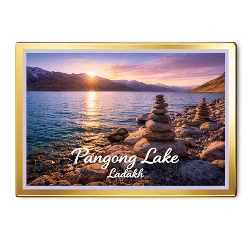 Image of Decorative Fridge Magnet with Glowing Border | Pack of 1 (Pangong Lake, Ladakh, 4x3 inch - Golden Border)