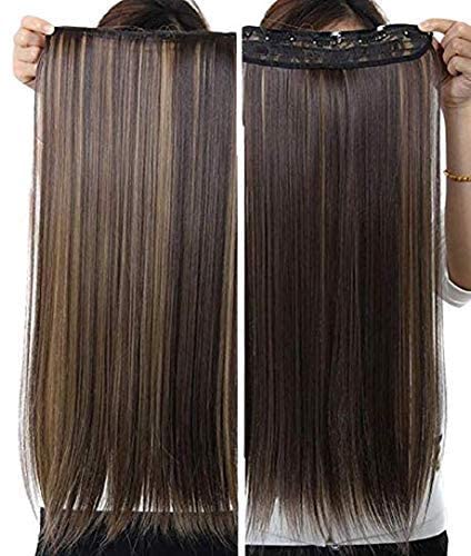 Darshan 5 Clip-On Straight Synthetic Hair Extension | Brown with Golden Highlight | Ideal for Women & Girls Seeking to Curl Up, Add or Enhance Hair - 24 Inch - Pack of 01-image-12