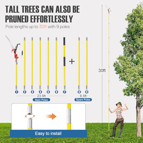Image of Pole Saws for Tree Trimming, Manual Pole Saws, Tree Pruner Extendable for garden (30FT Fiberglass Handle With Scissor-Yellow)
