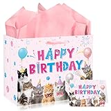 EoBeCy Cat Birthday Gift Bags with Handles, Tissue Paper and Greeting Card, Cute Cat Wrapping Paper for Girls Kids Teens Pet Theme Birthday Party Decorations and Supplies
