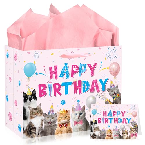 EoBeCy Cat Birthday Gift Bags with Handles, Tissue Paper and Greeting Card, Cute Cat Wrapping Paper for Girls Kids Teens Pet Theme Birthday Party Decorations and Supplies