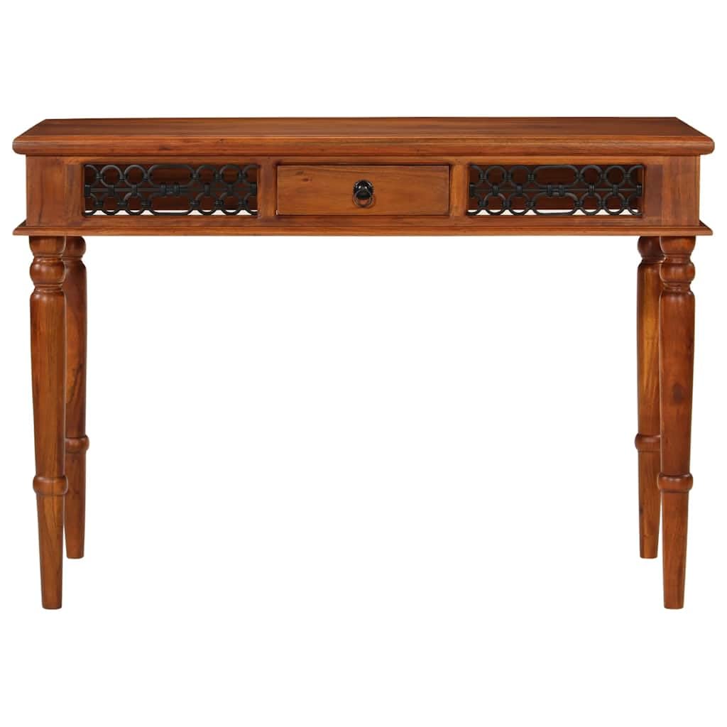 Scrivania in legno di acacia massiccio con cassetto, 110 x 50 x 76 cm, tavolo da lavoro per casa, ufficio, studio, segretario con maniglia in metallo e finitura color miele