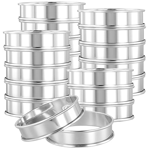 TAICHEUT 20 PCS 4 Inch Silver Crumpet Rings, Round Stainless Steel Baking Rings, Double Rolled Tart English Muffin Rings for Pancake Cookie Baking