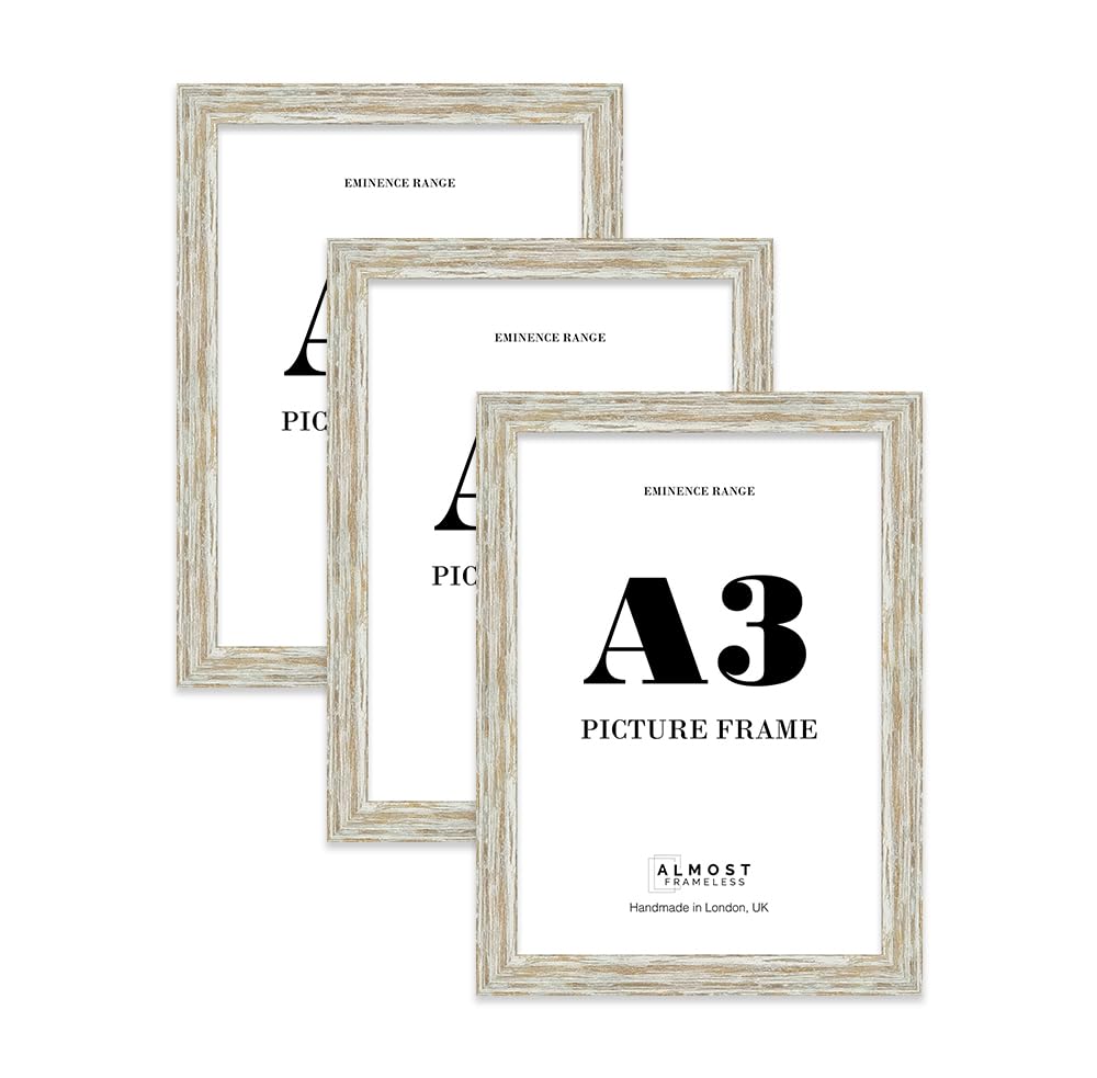 A3 Distressed White Oak Picture Frame - Rustic Wood Industrial Effect Photo Frame for Wall Display, Ideal for Posters, Prints & Home Décor, Wall Hooks, 32mm Edge - 3 Pack