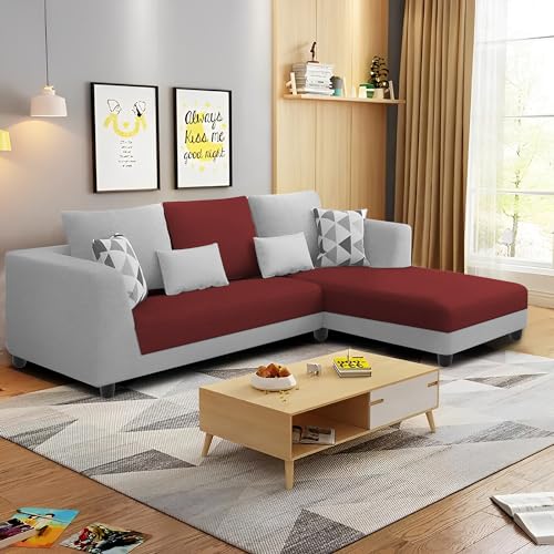 Image of Galib RHS 4 Seater L Shape Sofa Set for Living Room (Maroon Grey Fabric) Premium Fabric Sofa