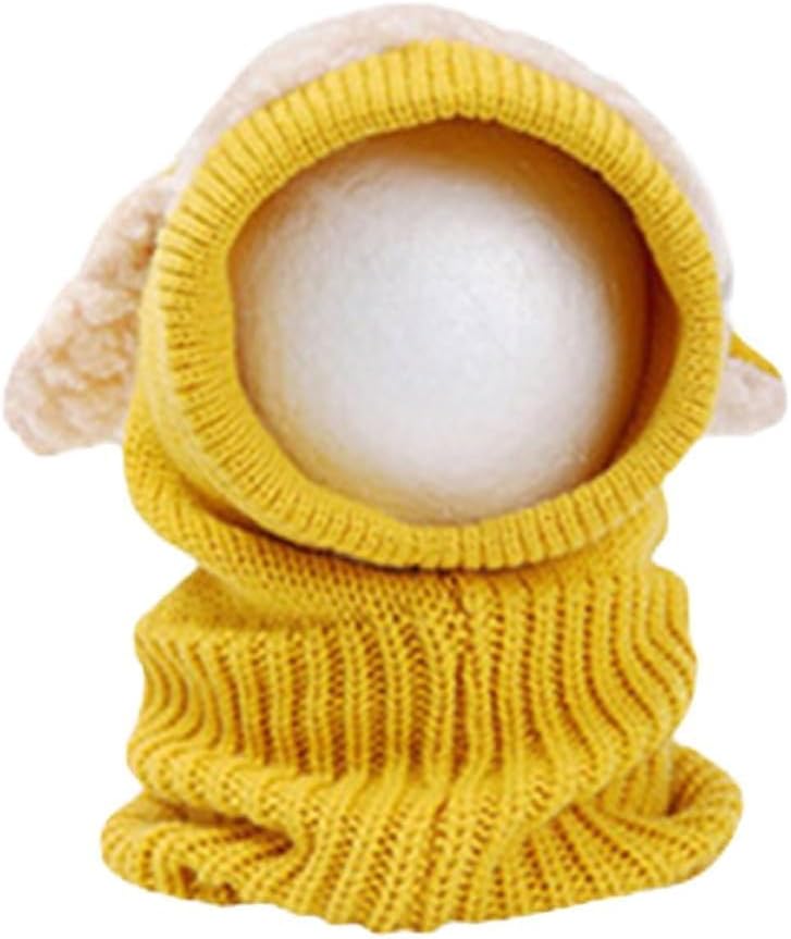 Dog Design Knitted Woolen Coif Hood Scarf Caps for Winter Yellow