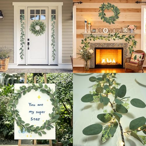 Image of 6FT Eucalyptus Garland with Lights, 96 LED Artificial Silver Dollar Eucalyptus Vine with Flowers, 8 Modes Timer Battery Operated Lighted Greenery Garland for Wall Bedroom Wedding Farmhouse Home Decor