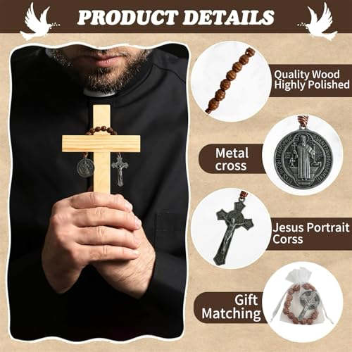Image of Bovemee Saint Benedict Medal Prayer Pocket Rosary Catholic Brown Wood Beads with Medalla de san benitol and Crucifix, 9 Inch