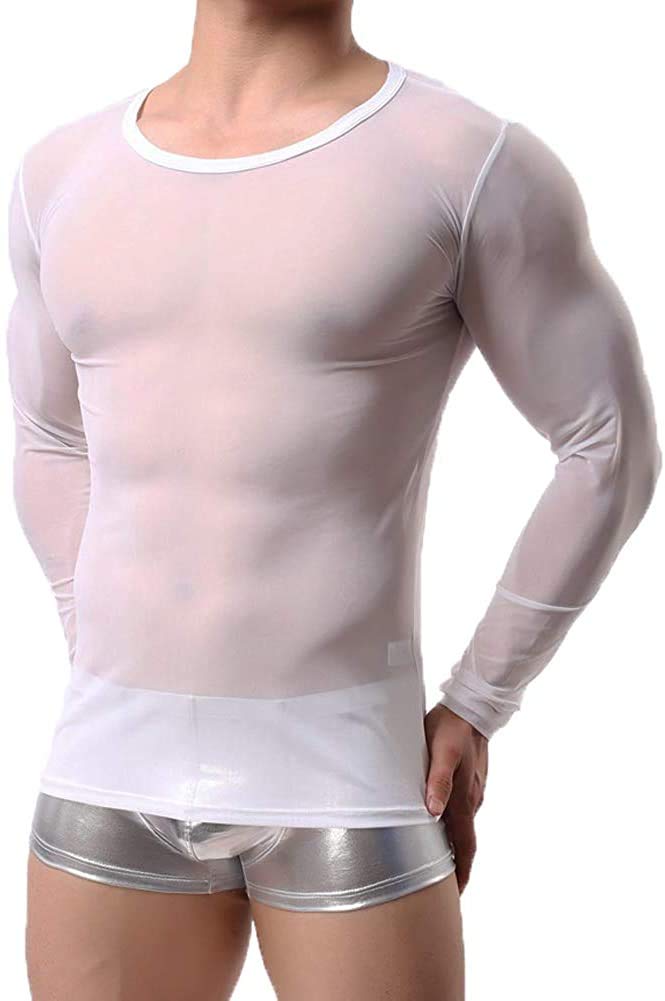 Sandbank Men's White Sexy Underwear T-Shirt Long Sleeve Mesh Sheer Top Undershirt Nightwear (L, )