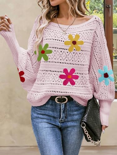 Image of Cakulo Womens Off Shoulder Crochet Sweater Top 2025 Fall Fashion Batwing Long Sleeve Sweaters Outfits Flower Pink S