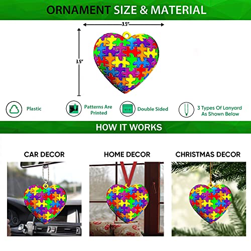 Talataca Autism Awareness Support Love Gift Asd Pattern Heart 2D Flat Car Rear View Mirror Accessories Christmas Tree Ornament Decoration Hanging Charm Interior Rearview Pendant Decor Gift #TOP1