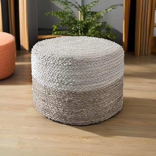 Scandilivin Homes Pouf Ottoman - 100% Jute Braided Footrest Pouf Hand Knitted Traditional Cord Boho Pouffe for Living Room, Bedroom, Nursery, Patio, Lounge Colorblock - Natural Ivory (20βx20βx10β)