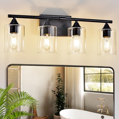 Image of 4-Light Bathroom Light Fixtures,Black Bathroom Vanity Light,Bathroom Lights Over Mirror with Clear Glass Shade,Modern Sconce Wall Lighting for Mirror Bedroom Vanity Hallway