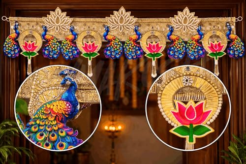 Image of Divyakosh Handcrafted Peacock Lotus Toran Door Hanging 40 Inch | Traditional Indian Bandarwal for Home Entrance, Pooja Room, Diwali, Wedding & Festive Decoration
