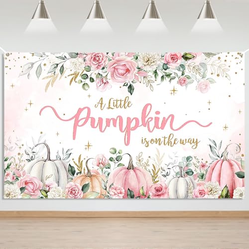 Mocsicka Pumpkin Baby Shower Backdrop for Girl Pink Floral Fall Baby Shower Decorations Little Pumpkin is on The Way Background Pumpkin Baby Girl Shower Banner Photo Booth Props
