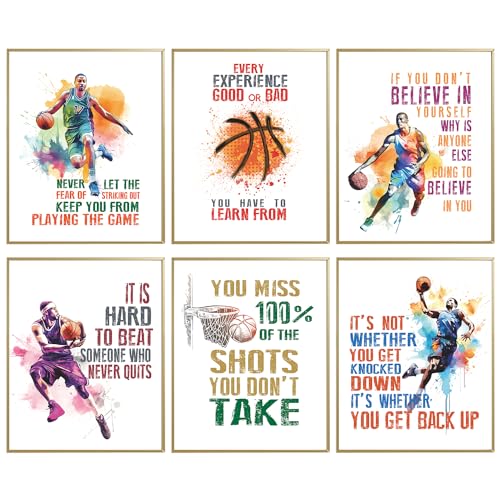 Inspirational Basketball Posters For Bedroom, Positive Quotes Sports Posters Wall Decor, Basketball Decor For Boys Men Room Bedroom, Motivational Posters Basketball Wall Art Print Set Of 6 8x10