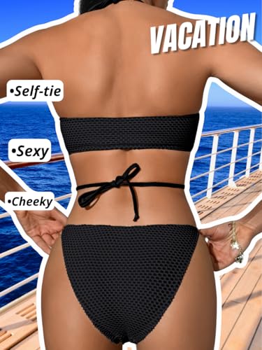 Women Sexy Fishnet Halter Bikini Set, O Ring Strapless Bandeau Swimsuit, Low Rise Cheeky Two Piece Bathing Suit Beach3