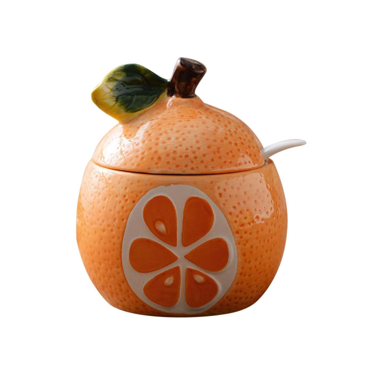 Organizador de condimentos de cerámica con forma de naranja, tapa y cuchara para cocina