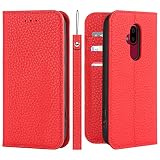 Ｈａｖａｙａ 対応 らくらくスマートフォン F-52B ケース f52b ケース 手帳型 ストラップ 本革 スマホケース 富士通 docomo 耐衝撃 カバー カード収納 スタンド機能 レザー -レッド