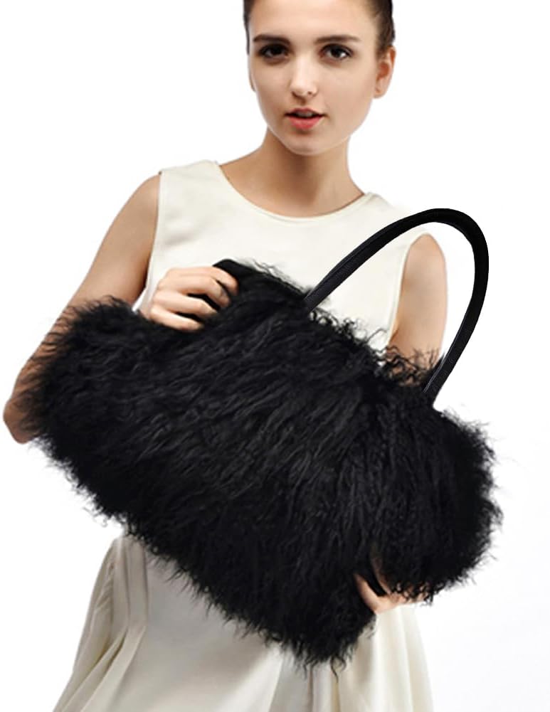 Women Luxury Real Lamb Mongolian Flush Wool Fur With Genuine Leather Handles Handbag - Image 2