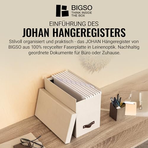 BIGSO JOHAN Hängeregisterbox A4 – Hängemappenbox mit Deckel und Griff – Schreibtischablage für Hängemappen & Dokumente – Aufbewahrungsbox aus recycelter Faserplatte und Papier – beige