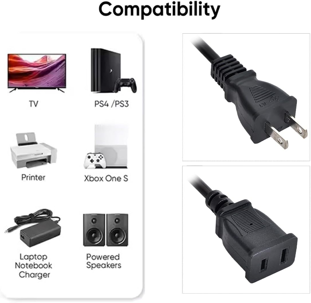 Cablecc Straight Connector USA Outlet Saver Power Extension Cord Cable 2-Prong 2 Outlets for NEMA 1-15P to NEMA 1-15R 50cm