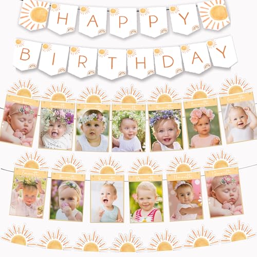 Image of First Trip Around the Sun 12 Month Photo Banner Boho Sun Happy Birthday Banner SunShine Garland Boho Sun 1st Birthday Decorations Party Supplies Sunshine First Birthday Decor