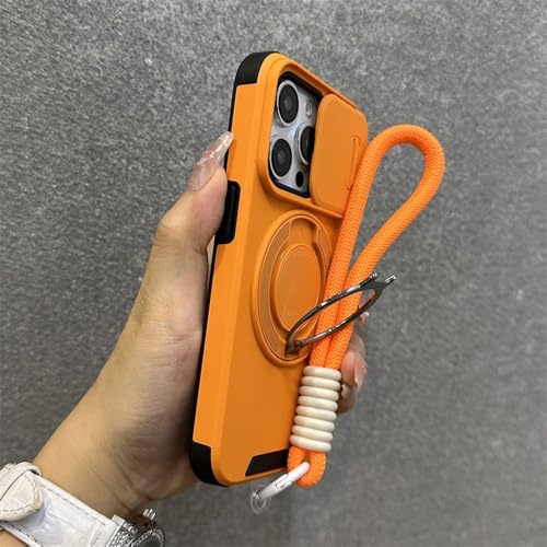 スライド式カメラ保護リング付きマグネット式ケース iPhone 16 15 14 13 12 11 Pro Max リストストラップコード 耐衝撃カバー オレンジ iPhone 16 Pro用