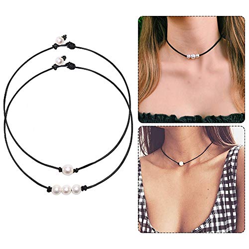 Single White Pearl Choker Necklace with Three Beads Freshwater Pearls Choker Necklace on Genuine Leather Cord Knotted Collarbone Chain Jewelry for Women （2 Pack）2