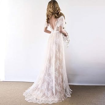 Amazon.com: CongYunGe Vestido de novia de encaje con cuello en V para  mujer, manga corta, sin espalda : Ropa, Zapatos y Joyería