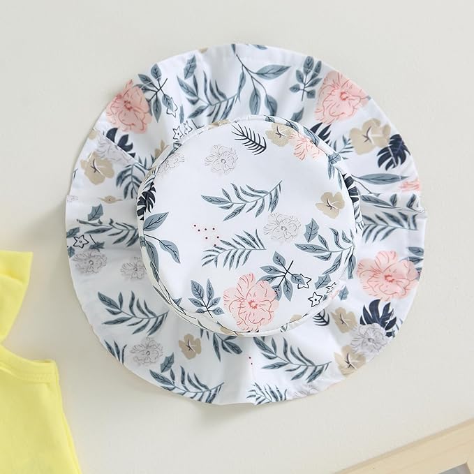 Image of Bold N Elegant Girls Cotton Sleeveless Modern Top and Floral Shorts with Belt and Hat Trendy Coords Set Baby Girl Party Dress Outfit