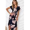 ECOWISH Womens Dresses Summer Casual V-Neck Floral Print Geometric Pattern Belted Dress Black Medium