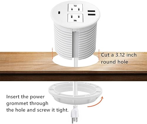 Miniatura 5 de XBA Ojal de alimentación de escritorio, toma de corriente con ojales de mesa con 2 salidas de CA, 2 puertos USB, 1 puerto USB C, conecta el cable de