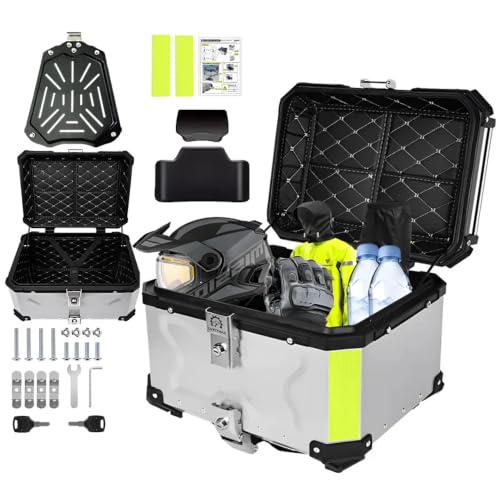 MAXALANCE Baúl para motocicleta de aluminio de 55 L, 55 litros, maletín impermeable universal, cierre rápido, maletín grande para moto de turismo, color plateado