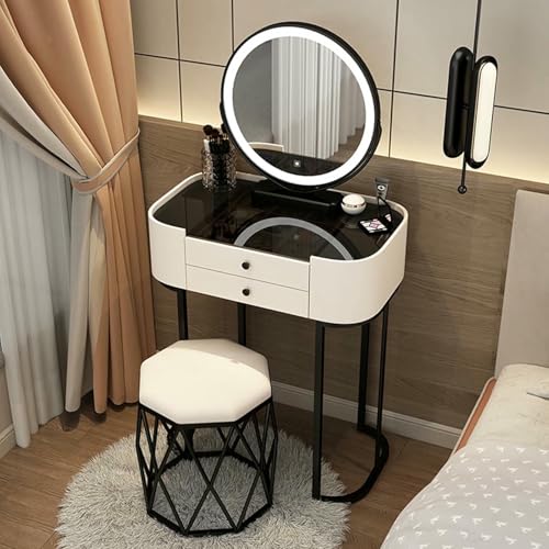 Moderno juego de mesa de tocador con taburete tapizado con espejo iluminado, 2 cajones grandes, elegante parte superior de vidrio templado negro para dormitorio, estación de maquillaje y tocador