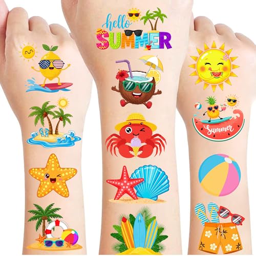 Summer Temporary Tattoos for Kids - 96 PCS Pre-cut Pool Beach Tattoo Hawaiian Luau Party Favors Tropical Fruits Flamingos Waterproof Stickers for Hello Summer Beach Party Decoration Supplies