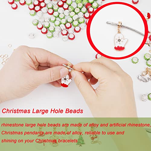 200 Pieces Christmas Large Hole Beads Kit Included 180 Rhinestone European Beads And 20 Cute Christmas Pendants For Christmas Diy Bracelet Jewelry Making (Red Green White) #TOP4