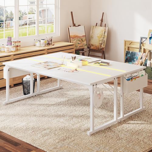 Image of DurayLoly 71 inch Computer Desk LED Lights, Large Office Desk for 3 Monitors or 2 laptops,Long Desk with Storage Bag&Headphone Hook for Study Writing Work Gaming Desk,Sturdy Metal Frame,Bedroom,White