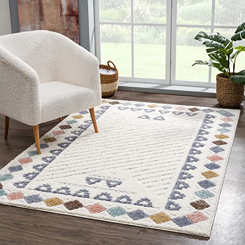 carpet city Teppich Hochflor Wohnzimmer - 140x200 cm - Boho-Style Bordüre Creme Multi - Cut-Loop,...