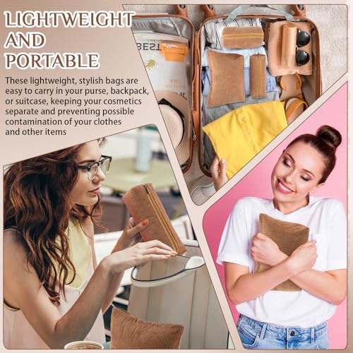 Huhumy 3 Pcs Makeup Bag Set for Women Corduroy Cosmetic Pouch Aesthetic Smile Travel Toiletry Bag Cute Purse Pouch Pencil Case Makeup Brushes Storage Organizer with Zipper(Brown,Solid Style)