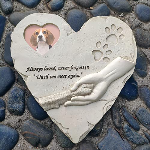 Heart Shape Pet Dog Memorial Stones with Photo Frame - Paw Prints Pet Dog Grave Markers Headstones Sympathy Pet Dog Memorial Gifts Loss Gifts
