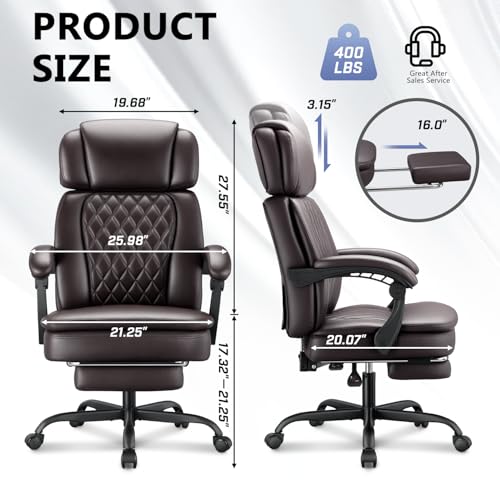 Image of 400lbs Executive Office Chair with Foot Rest for Heavy People, Ergonomic Big and Tall Desk Chair with Adjustable Headrest, High Back PU Leather Comfy Heavy Duty Computer Chair