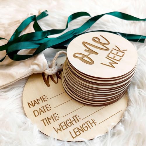 Image of Wooden Milestone Cards and Discs 16pc Set for Baby Photos and First Year Milestones - New Parents and Baby Showers with "Hello World" Sign and Monthly Cards from 1-12 Months
