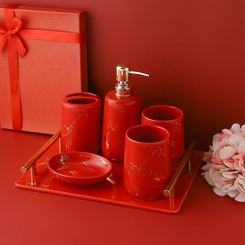 HYLR Juego de Accesorios de baño, Juego de baño de cerámica Marbling de 5 Piezas, dispensador de jabón, Vaso, Soporte para Cepillo de Dientes, jabonera, Buen Regalo para un Nuevo hogar bathroo