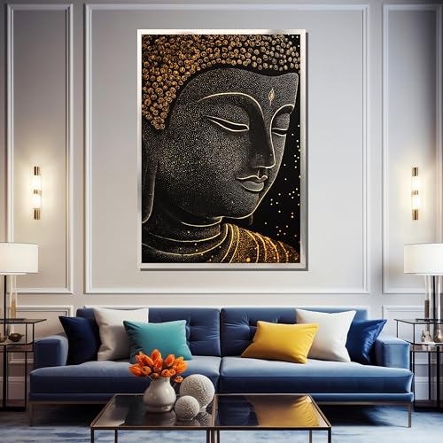Tableau Bouddha doré 80x120cm sur toile de coton avec cadre intérieur pour salon zen