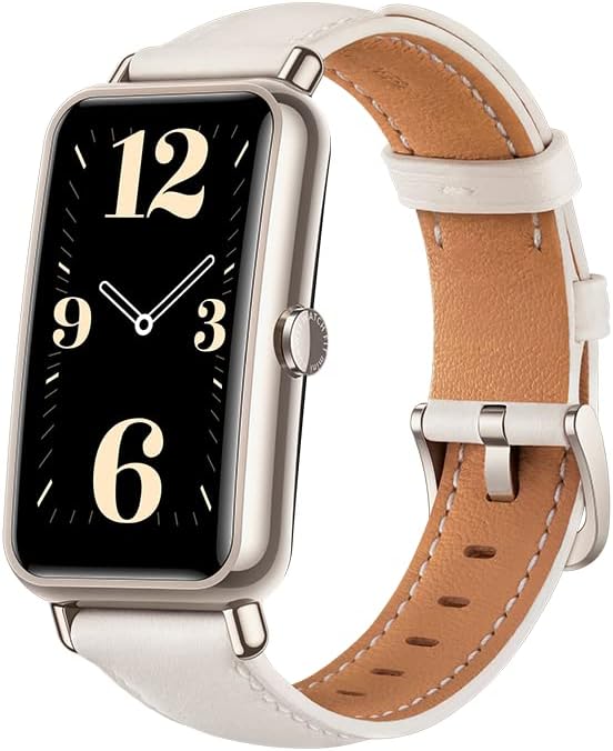 HUAWEIWatch Fit Mini Smartwatch, 1.47" Rectangle AMOLED Display,70% Screen to body Ratio,2 Week Battery Life,All Day SpO2 Monitoring, Leather Strap,extra 3 Month Warranty,Frosty White, Adjustable